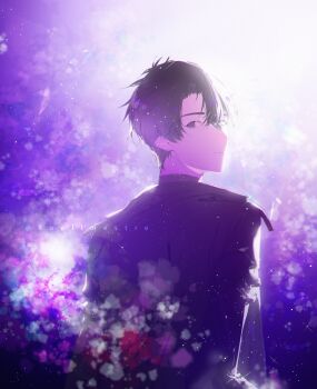 1boy absurdres black_coat black_eyes black_hair black_shirt coat curtained_hair flower hair_between_eyes highres light_particles looking_back male_focus omniscient_reader&#039;s_viewpoint roellm shirt short_hair solo upper_body yoo_joonghyuk