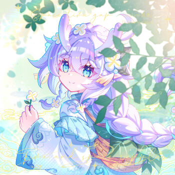 1girl aqua_dress bailu_(honkai:_star_rail) blue_eyes braid chinese_clothes closed_mouth commentary_request double-parted_bangs dragon_girl dragon_horns dress eastern_dragon_horns flower hair_between_eyes hair_ornament highres holding holding_flower honkai:_star_rail honkai_(series) horns leaf long_hair long_sleeves looking_at_viewer looking_back purple_hair single_braid smile solo very_long_hair viclim-monou white_flower wide_sleeves