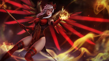 1girl breasts cosplay gloves large_breasts leotard mechanical_wings mercy_(overwatch) olchas overwatch overwatch_1 red_eyes red_gloves sally_whitemane sally_whitemane_(cosplay) skindentation staff tagme thighhighs warcraft white_hair wings world_of_warcraft