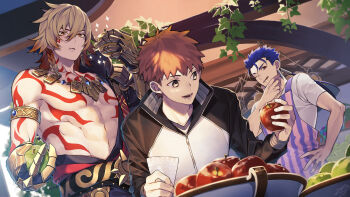 3boys abs apple apron arm_tattoo armlet armor black_coat blonde_hair blue_hair braid chest_tattoo clawed_gauntlets coat commentary_request cu_chulainn_(fate) cu_chulainn_(lancer)_(fate) earrings emiya_shirou facial_tattoo fate/stay_night fate_(series) food fruit gold_earrings gold_necklace gradient_hair guest_art hair_between_eyes highres holding holding_food holding_fruit honkai:_star_rail honkai_(series) jacket jewelry male_focus medium_hair multicolored_hair multiple_boys mydei_(honkai:_star_rail) necklace open_clothes open_coat pauldrons purple_apron red_hair red_tattoo shirt short_hair shoulder_armor side_braid single_pauldron tattoo teita_(88_taho) toned toned_male yellow_eyes