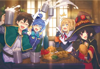 1boy 3girls ^^^ absurdres aqua_(konosuba) bare_shoulders beer_mug black_hair blonde_hair blue_eyes blue_hair blush breasts commentary_request cup darkness_(konosuba) dress gloves hair_ornament hair_rings hat highres kono_subarashii_sekai_ni_shukufuku_wo! large_breasts long_hair looking_at_viewer megumin mishima_kurone mug multiple_girls official_art open_mouth ponytail red_dress red_eyes satou_kazuma short_hair_with_long_locks single_thighhigh smile sphere_hair_ornament thighhighs very_long_hair witch_hat x_hair_ornament
