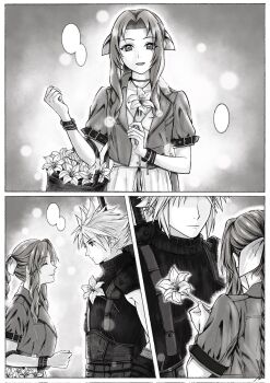1boy 1girl aerith_gainsborough armor bangle basket belt black_shirt border bracelet braid braided_ponytail buster_sword choker closed_eyes cloud_strife cropped_jacket earrings final_fantasy final_fantasy_vii final_fantasy_vii_remake floral_background flower grey_background greyscale hair_ribbon highres holding holding_basket holding_flower jewelry kayu0315 lily_(flower) loveless_avenue monochrome multiple_belts parted_bangs pauldrons ribbon shirt short_hair short_sleeves shoulder_armor sidelocks single_braid single_earring single_pauldron sleeveless sleeveless_turtleneck smile spiked_hair suspenders sword sword_on_back turtleneck upper_body weapon weapon_on_back white_border
