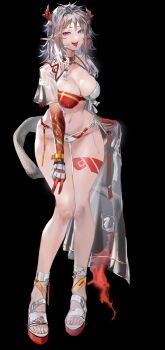 Rule 34 | 1girl, :p, absurdres, alternate costume, arknights, bare shoulders, barefoot, beads, bikin, bikini, black background, blush, border, breasts, bright pupils, colored extremities, commentary request, dragon girl, dragon horns, dragon tail, earrings, feet, full body, highres, horns, jewelry, nian (arknights), swimsuit, tail, tongue, tongue out, xiaoye eago