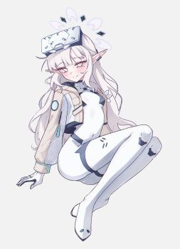 1girl blue_archive bodysuit breasts closed_mouth commentary english_commentary full_body halo head-mounted_display highres himari_(armed)_(blue_archive) himari_(blue_archive) jacket long_hair long_sleeves looking_at_viewer magui3 mole mole_under_eye official_alternate_costume open_clothes open_jacket pointy_ears simple_background small_breasts smile solo white_background white_bodysuit white_hair white_halo