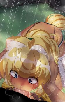 1girl absurdres animal_ears aqua_shorts blonde_hair blue_eyes blush bracelet dark-skinned_female dark_skin deepthroat denim denim_shorts erection facial_mark fellatio fingerless_gloves gloves hands_on_another's_head hetero highres jewelry kneeling large_penis large_variant_set liru mizumizuni nose_blush oral outdoors penis ponytail renkin_san-kyuu_magical_pokaan saliva shorts solo_focus studded_bracelet sweat tail tearing_up tears variant_set veins veiny_penis whisker_markings wolf_ears wolf_girl wolf_tail x-ray