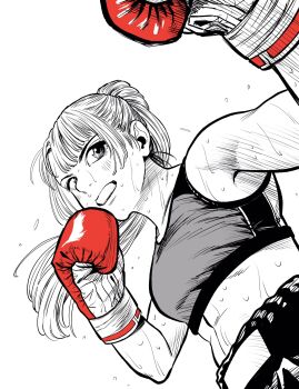1girl boxing boxing_gloves boxing_shorts breasts commentary_request dutch_angle flying_sweatdrops from_below gloves greyscale hatching_(texture) highres lee_(dragon_garou) linea_alba long_hair medium_breasts midriff monochrome mouth_guard original ponytail punching red_gloves shorts solo sports_bra spot_color sweat toned toned_female upper_body very_sweaty