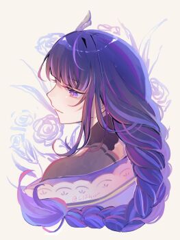 Rule 34 | 1girl, blunt bangs, braid, closed mouth, clothing cutout, floral background, from side, genshin impact, hair ornament, highres, japanese clothes, kimono, llzihr, long braid, multicolored hair, off shoulder, purple eyes, purple hair, purple kimono, raiden shogun, shoulder cutout, single braid, solo, streaked hair, thai commentary, upper body