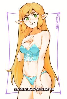 1girl bare_arms bare_hips bare_legs bare_shoulders bare_skin belly bikini blonde_hair blue_bikini breasts cleavage collarbone effy_neprin elf female_focus female_pubic_hair floral_print freckles green_eyes groin hand_on_own_chest hand_on_own_leg hand_on_own_thigh long_hair looking_at_viewer medium_breasts narrow_waist navel nintendo parted_lips pointy_ears princess_zelda print_bikini pubic_hair simple_background smile solo standing stomach strapless strapless_bikini swimsuit the_legend_of_zelda the_legend_of_zelda:_breath_of_the_wild triforce_print white_background