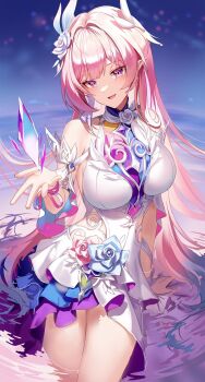 1girl bare_shoulders blurry blurry_background breasts commentary crystal cyrene_(honkai:_star_rail) cyrene_(ripples_of_past_reverie)_(honkai:_star_rail) dress flower hair_flower hair_ornament hand_up highres honkai:_star_rail honkai_(series) large_breasts long_hair looking_at_viewer open_mouth pink_hair purple_eyes purple_flower purple_rose rose sidelocks silence_girl sitting smile solo thighs unfinished very_long_hair water white_dress