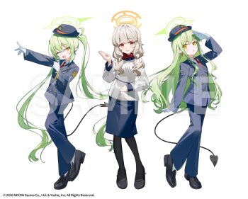 3girls aoba_(blue_archive) ashima_(roro046) blazer blonde_hair blue_archive commentary_request earrings full_body gloves green_hair green_halo halo hat highres hikari_(blue_archive) jacket jewelry long_hair long_sleeves looking_at_viewer low_twintails multiple_girls necktie nozomi_(blue_archive) official_art one_eye_closed open_mouth pointy_ears promotional_art red_eyes red_necktie salute sample_watermark shirt train_attendant train_conductor travel_attendant twintails watermark white_background white_gloves white_shirt yellow_eyes yellow_halo