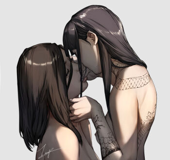 2girls absurdres arm_tattoo black_hair breasts brown_hair completely_nude grey_background groping highres long_hair medium_breasts multiple_girls nipples nude oral original realistic simple_background sitting tattoo teppu_tora tongue tongue_grab yuri