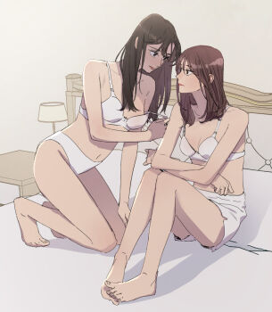 2girls bed bra brown_hair closed_mouth collarbone epum eye_contact hair_over_shoulder kneeling knees_up long_hair looking_at_another multiple_girls nightstand no_shirt on_bed original panties short_shorts shorts sitting straight_hair strap_pull underwear underwear_only undressing white_bra white_panties white_shorts yuri