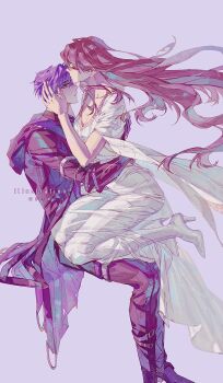 Rule 34 | 1boy, 1girl, arm around back, arm around waist, black coat, black pants, blue background, boots, breasts, brown hair, chaoxibumian, cleavage, closed eyes, coat, couple, dress, feet out of frame, full body, hair between eyes, hand in another's hair, hands in another's hair, hetero, high heel boots, high heels, highres, hood, hood down, hooded coat, kiss, kissing forehead, long coat, long dress, long hair, looking at another, love and deepspace, medium breasts, on lap, pants, protagonist (love and deepspace), purple hair, rafayel (love and deepspace), short hair, short sleeves, white boots, white dress