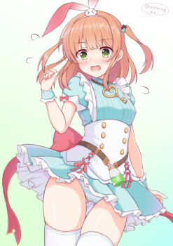 1girl absurdres alternate_costume belt blunt_bangs blush breasts cameltoe chataring_mai commentary_request green_eyes headband highres key looking_at_viewer medium_breasts medium_hair open_mouth panties pantyshot potion princess_connect! ribbon rino_(princess_connect!) rino_(wonderland)_(princess_connect!) simple_background solo striped_clothes striped_panties thighhighs twitter_username underwear white_background