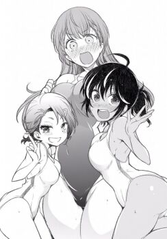 3girls ahoge arai_kazuki armpits ass bare_shoulders blush bokutachi_wa_benkyou_ga_dekinai braid breasts collarbone competition_swimsuit cover highres kirisu_mafuyu kominami_asumi large_breasts long_hair medium_breasts monochrome multiple_girls one-piece_swimsuit open_mouth ponytail short_hair short_ponytail short_twintails small_breasts smile swimsuit takemoto_uruka tan thighs third-party_edit twintails white_background
