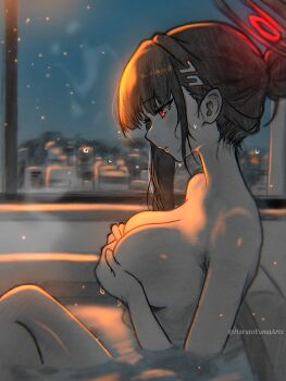 1girl bath bathroom bathtub black_hair blue_archive blush breasts completely_nude hair_bun halo harutoyumaarts highres indoors knee_up large_breasts nape nude profile red_eyes rio_(blue_archive) single_hair_bun single_sidelock sitting solo twitter_username