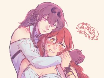 Rule 34 | 2girls, arms around neck, biting, biting cheek, clothing cutout, commentary, dress, gloves, highres, himeko (honkai: star rail), honkai: star rail, honkai (series), kafka (honkai: star rail), lipstick mark, lipstick mark on face, long hair, multiple girls, ponytail, ppyuuingles, purple eyes, purple gloves, purple hair, shirt, shoulder cutout, sunglasses, untranslatable commentary, white dress, white shirt, yellow eyes