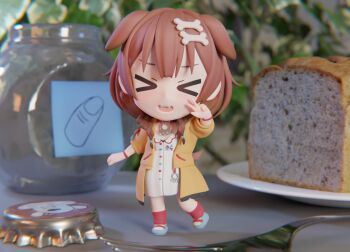 >_< 1girl 3d animal_collar animal_ears bottle_cap bow bread brown_hair buttons chibi closed_eyes collar dog_ears dog_girl dress fangs food fork hair_ornament hairclip highres hololive inugami_korone inugami_korone_(1st_costume) jacket jar loose_socks nendoroid nueos open_mouth red_bow red_collar red_socks shoes short_dress sneakers socks v virtual_youtuber white_dress yellow_jacket