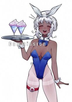 1girl ahoge animal_ears aya_(project_moon) blue_bow blue_bowtie blue_leotard bow bowtie cocktail_glass commission cup dark-skinned_female dark_skin drinking_glass highres holding holding_tray leotard limbus_company o-ring o-ring_thigh_strap open_mouth pantyhose project_moon rabbit_ears short_bangs short_eyebrows short_hair smile solo suillus thigh_strap thighband_pantyhose tray white_hair white_pantyhose