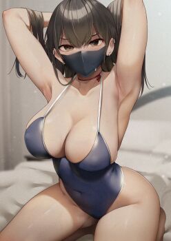 1girl armpits arms_behind_head arms_up black_hair blue_one-piece_swimsuit blush breasts brown_eyes cleavage collarbone competition_school_swimsuit covered_mouth covered_navel ear_piercing hands_in_own_hair highleg highleg_one-piece_swimsuit highres indoors kneeling konata_(kankin_jk) large_breasts long_hair looking_at_viewer mask mishiranu_joshikousei_ni_kankin_sareta_mangaka_no_hanashi mouth_mask one-piece_swimsuit piercing presenting_armpit ryouma_(galley) school_swimsuit sideboob solo swimsuit thighs