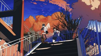 Rule 34 | 2girls, absurdres, angel, bare tree, black hair, black ribbon, black shoes, black skirt, black socks, blue sky, blue sweater vest, cloud, cloudy sky, commentary request, floating hair, halo, highres, kneehighs, ligne claire, loafers, long hair, long sleeves, morning, multiple girls, neck ribbon, necktie, on railing, open mouth, original, outdoors, railing, red necktie, ribbon, scenery, school uniform, shirt, shoes, short sleeves, sitting, skirt, sky, socks, stairs, standing, sweater vest, traditional halo, tree, walts p., white shirt, white wings, wings