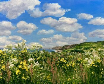 blue_sky cliff cloud commentary day england english_commentary flower grass highres kate_avery landscape no_humans ocean oil_painting_(medium) original outdoors painting_(medium) scenery shore sky traditional_media white_flower yellow_flower