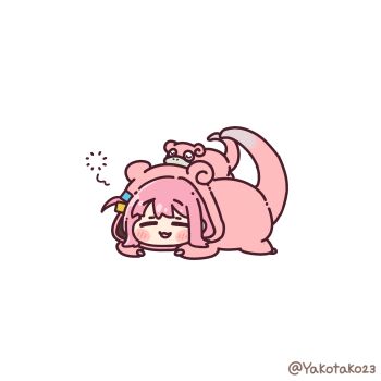 1girl absurdres blush_stickers bocchi_the_rock! chibi chibi_only closed_eyes commentary cosplay crossover gen_1_pokemon gotoh_hitori highres nostrils one_side_up open_mouth pink_hair simple_background slowpoke slowpoke_(cosplay) solo twitter_username white_background yakotako