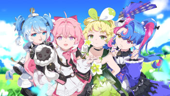 4girls :d absurdres ahoge bare_shoulders black_choker blonde_hair blue_eyes blue_hair blue_sky blurry blurry_background bow braid braided_bangs choker closed_mouth cloud coin_hair_ornament cross-shaped_pupils day diamond-shaped_pupils diamond_(shape) dress encore_(wuthering_waves) eyeshadow flower gen_7_pokemon green_dress green_eyes green_hairband hair_bow hair_ornament hairband heterochromia highres holding holding_flower long_hair long_sleeves looking_at_viewer low_twintails makeup mimikyu multicolored_hair multiple_girls open_mouth outdoors pink_bow pink_eyes pink_hair ponytail purple_eyes qianbihezhong red_eyes red_eyeshadow roccia_(wuthering_waves) short_bangs short_eyebrows short_hair sky smile streaked_hair stuffed_toy symbol-shaped_pupils twintails two-tone_hair verina_(wuthering_waves) white_bow white_dress white_hair wuthering_waves yellow_eyes youhu_(wuthering_waves)