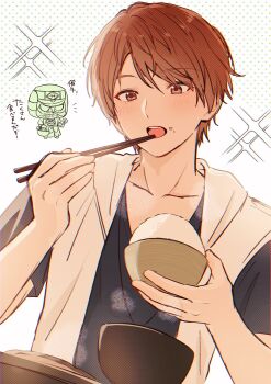 Rule 34 | 2boys, bowl, brown eyes, brown hair, candy, chopsticks, commentary request, deneb, eating, food, food on face, highres, holding, holding bowl, holding candy, holding chopsticks, holding food, holding lollipop, hood, hood down, hooded jacket, jacket, kamen rider, kamen rider den-o (series), layered clothes, lollipop, male focus, multiple boys, notice lines, open mouth, sakurai yuuto (kamen rider den-o), short hair, short sleeves, sparkle, tamu (n ntm7), teeth, translation request, upper body, upper teeth only, white background, white jacket