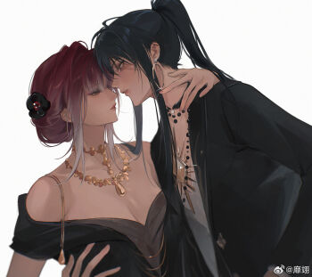 Rule 34 | 2girls, bare shoulders, black dress, black hair, black jacket, breasts, cleavage, dress, earrings, gradient hair, hand on another's shoulder, highres, hoop earrings, jacket, jewelry, long hair, looking at another, medium breasts, miix777, multicolored hair, multiple girls, necklace, off-shoulder dress, off shoulder, parted lips, path to nowhere, ponytail, rahu (path to nowhere), red hair, scar, scar across eye, scar on face, shalom (path to nowhere), simple background, watermark, weibo watermark, white background, white hair, yuri