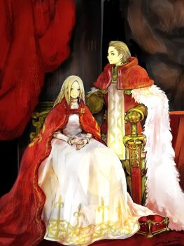 1boy 1girl blonde_hair brown_hair cloak couple curtains delita_heiral dress final_fantasy final_fantasy_tactics fur-trimmed_cloak fur_trim hair_slicked_back hetero holding holding_sword holding_weapon light_smile long_dress long_hair mochi_(hanamaruudondesu) ovelia_atkascha parted_bangs portrait red_cloak short_hair sitting standing sword weapon white_dress