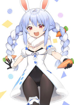 1girl 9nojo animal_ear_fluff animal_ears bare_shoulders black_gloves blue_hair blush braid breasts carrot carrot_hair_ornament commentary don-chan_(usada_pekora) female_focus food food-themed_hair_ornament fur_collar gloves hair_ornament highres holding holding_food hololive long_hair looking_at_viewer multicolored_hair open_mouth pantyhose rabbit_ears rabbit_girl small_breasts smile solo teeth thick_eyebrows twin_braids two-tone_hair upper_teeth_only usada_pekora usada_pekora_(1st_costume) virtual_youtuber white_background white_hair