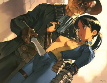 1boy 1girl artist_name black_coat black_hair blue_jumpsuit breasts brown_gloves coat the_ghoul_(fallout_tv_series) cowboy_hat day fallout_(prime_video) fallout gloves gun hat highres holding holding_gun holding_knife holding_weapon jumpsuit knife looking_at_viewer lucy_maclean medium_breasts nipples no_bra open_clothes open_coat optionaltypo outdoors ponytail sunlight teeth torn_clothes torn_jumpsuit weapon