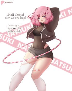 1girl absurdres alternate_costume artist_name bandages black_jacket breasts character_name covered_navel denim denim_shorts doki_doki_literature_club english_text highres hoop hula_hoop jacket medium_breasts natsuki_(doki_doki_literature_club) open_clothes open_jacket patreon_logo patreon_username pink_hair raion_(raionart) short_hair shorts standing thighhighs thighs white_background white_thighhighs