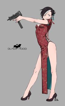 1girl absurdres anime_coloring artist_name bare_legs black_hair black_shoes breasts china_dress chinese_clothes cleavage_cutout clothing_cutout commentary_request dress ear_piercing earrings floral_print full_body grey_background gun hair_over_one_eye high_heels highres holding holding_gun holding_weapon iwado_anna jewelry kamezaemon looking_at_viewer mac-10/11 multicolored_hair original outstretched_arm piercing red_dress red_nails shoes short_hair side_slit simple_background smile solo streaked_hair submachine_gun thighs two-tone_hair weapon white_hair