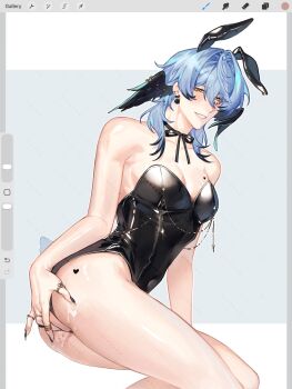 1boy alternate_hair_color alternate_wing_color animal_ears art_program_in_frame black_hair black_leotard black_nails black_ribbon black_wings blue_hair blush crossdressing crossdressing_(mtf) cum cum_on_ass cum_on_body earrings fake_animal_ears head_wings heart highres honkai:_star_rail honkai_(series) jewelry leotard looking_at_viewer male_focus multicolored_hair multiple_rings neck_ribbon piercing rabbit_ears ribbon ring rourouki smile solo streaked_hair sunday_(honkai:_star_rail) thighs two-tone_hair wing_piercing wings yellow_eyes