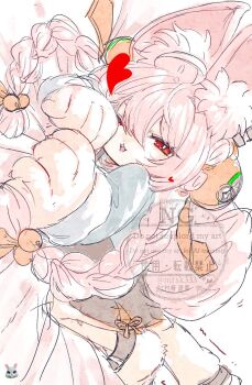 1girl animal_ear_fluff animal_ear_piercing animal_ears animal_feet anklet braid braided_twintails bright_pupils furry furry_female green_shirt half-closed_eye heart jewelry long_hair looking_at_viewer lying motion_lines murasaki_yuna on_bed on_stomach one_eye_closed open_mouth pink_fur pink_hair pink_tail rabbit_girl rabbit_tail red_eyes screw shirt short_eyebrows sideways simple_background solo tail teeth thick_eyebrows upper_teeth_only watermark white_background white_pupils zenless_zone_zero zhao_(zenless_zone_zero)