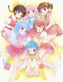 6+girls :q arm_up ass blue_eyes blue_hair blue_shirt blush braid brown_eyes brown_hair company_connection crossover double_v dress fancy_lala feet finger_to_cheek food_print from_behind fruit_print genre_connection green_eyes hairband hanazono_yumi highres jewelry kazuki_mai kneehighs kneepits knees_up leg_up legs legs_apart legs_up loli long_hair looking_at_viewer looking_back lying mahou_no_idol_pastel_yumi mahou_no_princess_minky_momo mahou_no_star_magical_emi mahou_no_tenshi_creamy_mami mahou_no_yousei_persia miniskirt minky_momo morisawa_yuu multiple_girls no_shoes on_back on_side one_eye_closed open_mouth own_hands_together panties panty_peek pantyshot pendant persia_(mahou_no_yousei_persia) pink_dress pink_hair pink_shirt pink_skirt print_panties red_shirt ribbon shinohara_miho shirt short_dress short_hair short_sleeves sitting skirt smile socks soles standing standing_on_one_leg strawberry_print studio_pierrot thighs tongue tongue_out twintails underwear v white_panties white_shirt white_socks yamaneko_suzume yellow_hairband yellow_ribbon yellow_skirt yellow_socks