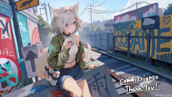1girl animal_ear_fluff animal_ears arrow_(symbol) artist_name belt black_belt black_choker blue_eyes blue_shorts blue_sky breasts bright_pupils building choker closed_mouth cloud commentary commission concrete covered_collarbone crop_top day eating fence fishnet_pantyhose fishnets food fox_ears fox_girl fox_tail graffiti green_jacket grey_hair hair_between_eyes hair_ornament hairclip highres house jacket long_hair_between_eyes long_sleeves medium_breasts midriff navel necklesslee onigiri open_clothes open_jacket original outdoors pantyhose parallel_hairclips power_lines railroad_tracks road_sign scenery shirt short_hair short_shorts shorts sign single_bare_shoulder sitting sky sleeveless sleeveless_shirt solo spray_can standing standing_on_one_leg tail thank_you tree utility_pole white_pupils