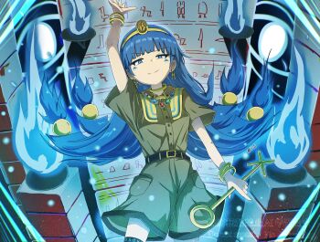 1girl arm_up blue_eyes blue_fire blue_hair bracelet brown_shirt brown_shorts commentary_request earrings facial_mark fire fossilized_wonders gem gurina_15 hieroglyphics highres jewelry long_hair looking_at_viewer michigami_nareko necklace shirt shorts smile smug solo tiara touhou v-shaped_eyebrows