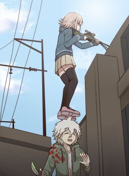 1boy 1girl :d ahoge black_thighhighs brown_hair counter-strike counter-strike_(series) danganronpa_(series) danganronpa_2:_goodbye_despair day flipped_hair from_side green_jacket grey_hair gun highres holding holding_gun holding_knife holding_weapon hood hood_down hooded_jacket jacket kmnm_1403 knife komaeda_nagito long_sleeves medium_hair miniskirt nanami_chiaki olofboost open_mouth outdoors pink_shoes rifle shoes skirt smile sniper_rifle teeth thighhighs upper_teeth_only weapon