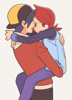 2boys arms_around_neck backwards_hat baseball_cap black_hair carrying carrying_person chueog closed_mouth dot_nose ethan_(pokemon) feet_out_of_frame frown grey_eyes hand_on_another's_back hat highres hood hood_down hooded_jacket hoodie jacket leg_lock long_sleeves male_focus medium_hair multiple_boys nintendo open_mouth pants parted_bangs pokemon pokemon_hgss purple_pants red_hair red_jacket silver_(pokemon) simple_background sleeve_cuffs vest white_background white_vest yaoi