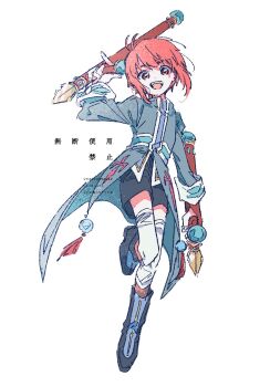 Rule 34 | 1boy, black shorts, blue coat, boots, coat, commentary request, dot nose, dual wielding, full body, hazime, highres, holding, holding baton, knee boots, looking at viewer, male focus, mao (tales), open mouth, red eyes, red hair, short hair, shorts, simple background, smile, solo, standing, standing on one leg, tales of (series), tales of rebirth, teeth, thighhighs, tonfa, translation request, upper teeth only, weapon, white background, white thighhighs