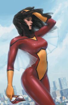 1girl bad_tag black_hair blue_sky bodysuit breasts cityscape closed_eyes cloud cloudy_sky gloves jessica_drew lipstick long_hair makeup marvel mask medium_breasts multicolored_bodysuit sky spider-man_(series) spider-woman superhero_costume two-tone_bodysuit unworn_mask wings yellow_gloves