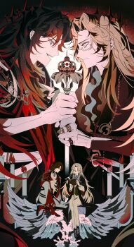 Rule 34 | absurdres, armor, balance scale, black armor, black robe, black tunic, blonde hair, blood emperor, border, cape, chinese commentary, commentary request, contrast, crown, earrings, eyewear strap, frilled robe, highres, jewelry, long hair, lord of the mysteries, ornate border, pointed crown, red cape, red crown, robe, throne, trunsoest (lord of the mysteries), tunic, weighing scale