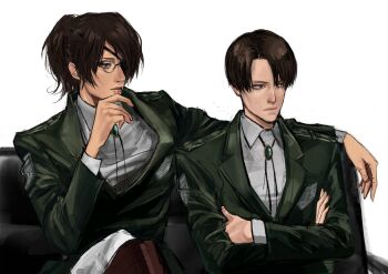 1boy 1other androgynous arm_around_shoulder black_hair bolo_tie brown_hair closed_mouth collared_shirt crossed_arms eyepatch glasses green_jacket hange_zoe highres jacket levi_(shingeki_no_kyojin) medium_hair military_jacket parted_bangs ponytail popsweetyio shingeki_no_kyojin shirt short_hair sitting survey_corps_(emblem) upper_body white_background white_shirt