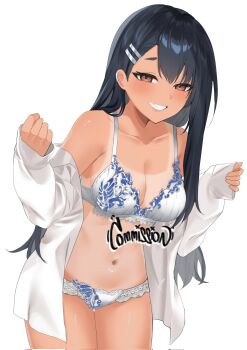 1girl asymmetrical_bangs black_hair bra earclip fang hair_ornament hairclip ijiranaide_nagatoro-san long_hair nagatoro_hayase open_clothes open_shirt orange_eyes shirt simple_background smile standing tan tanline underwear white_background white_bra white_shirt xiye_(hmrr2738)