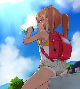 1girl ass back backpack bag blue_sky blush bottle breasts brown_hair cloud dark-skinned_female dark_skin drinking ebisujima_misato female_focus highres loli looking_at_viewer one-piece_tan orange_hair original outdoors profile purple_eyes randoseru short_shorts shorts sitting sky small_breasts solo sweat tan tanline twintails underboob yuma_(ebisujima_misato)