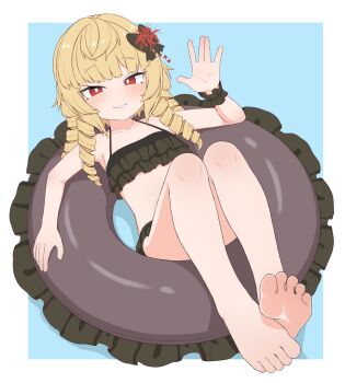 1girl absurdres barefoot bikini black_bikini blonde_hair blonde_ojousama_(sagix) blush commentary commission drill_hair feet flat_chest flower frilled_bikini frills full_body hair_flower hair_ornament highres innertube long_hair looking_at_viewer original pixiv_commission red_eyes smile solo spider_lily swim_ring swimsuit toes tooteki waving