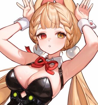1girl alice_thymefield alternate_costume animal_ears armpits arms_up black_leotard blonde_hair braid braided_twintails breasts detached_collar hair_ornament heterochromia highres large_breasts leotard parted_lips rabbit_ears rabbit_girl red_eyes simple_background smilesmile1312 solo sphere_hair_ornament strapless strapless_leotard twintails white_background wrist_cuffs yellow_eyes zenless_zone_zero